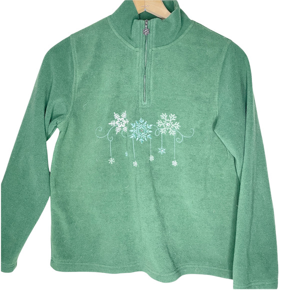 Northcrest Tops - Green Fleece Quarter Zip Pullover Winter Snowflake Sweatshirt Women's Size Small